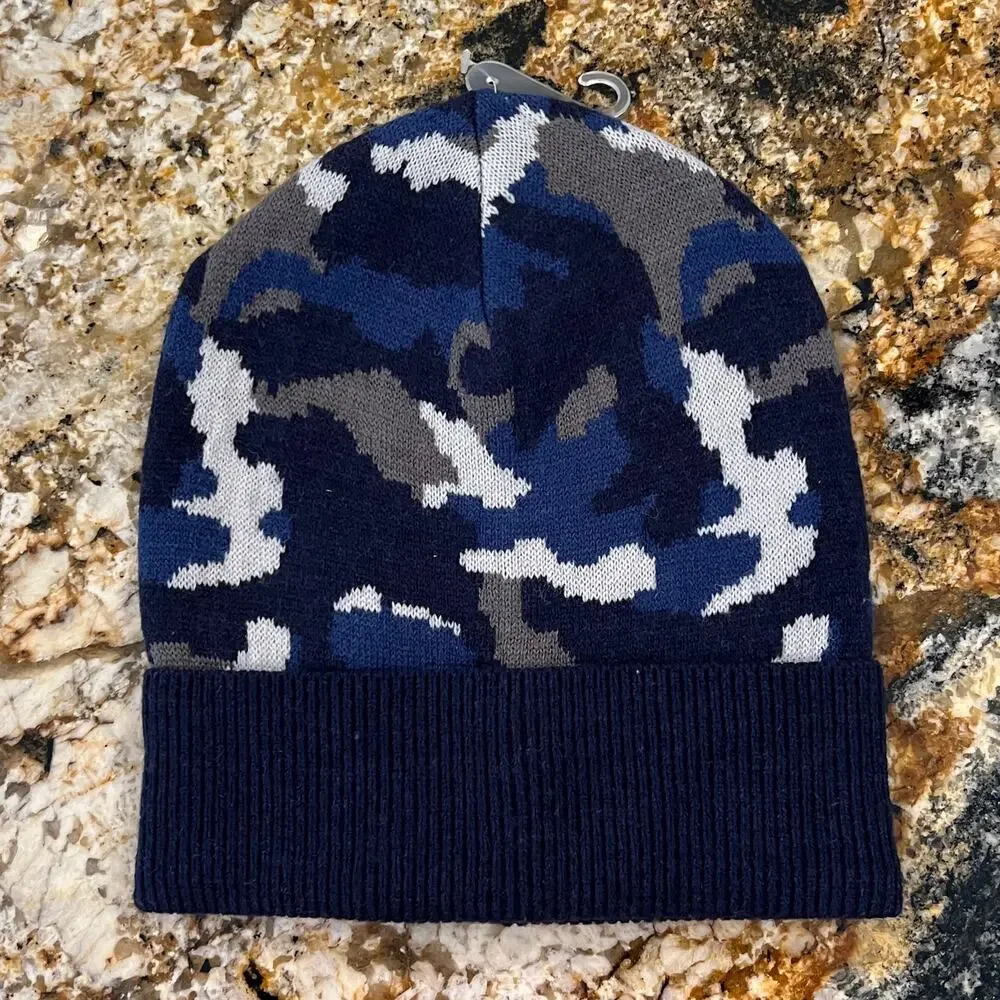 NWT J. Crew Boys' Navy, Blue and Grey Camoflauge Beanie - SIZE S/M